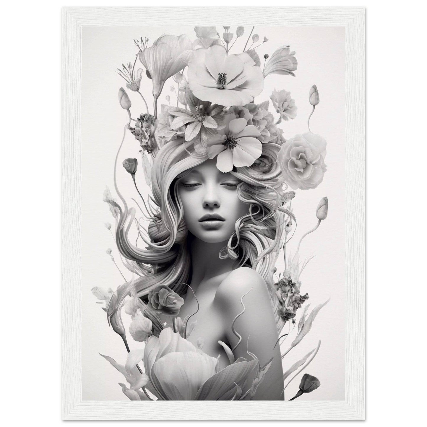 A black and white artistic portrait featuring a woman adorned with an elaborate floral headdress and hair arrangement.