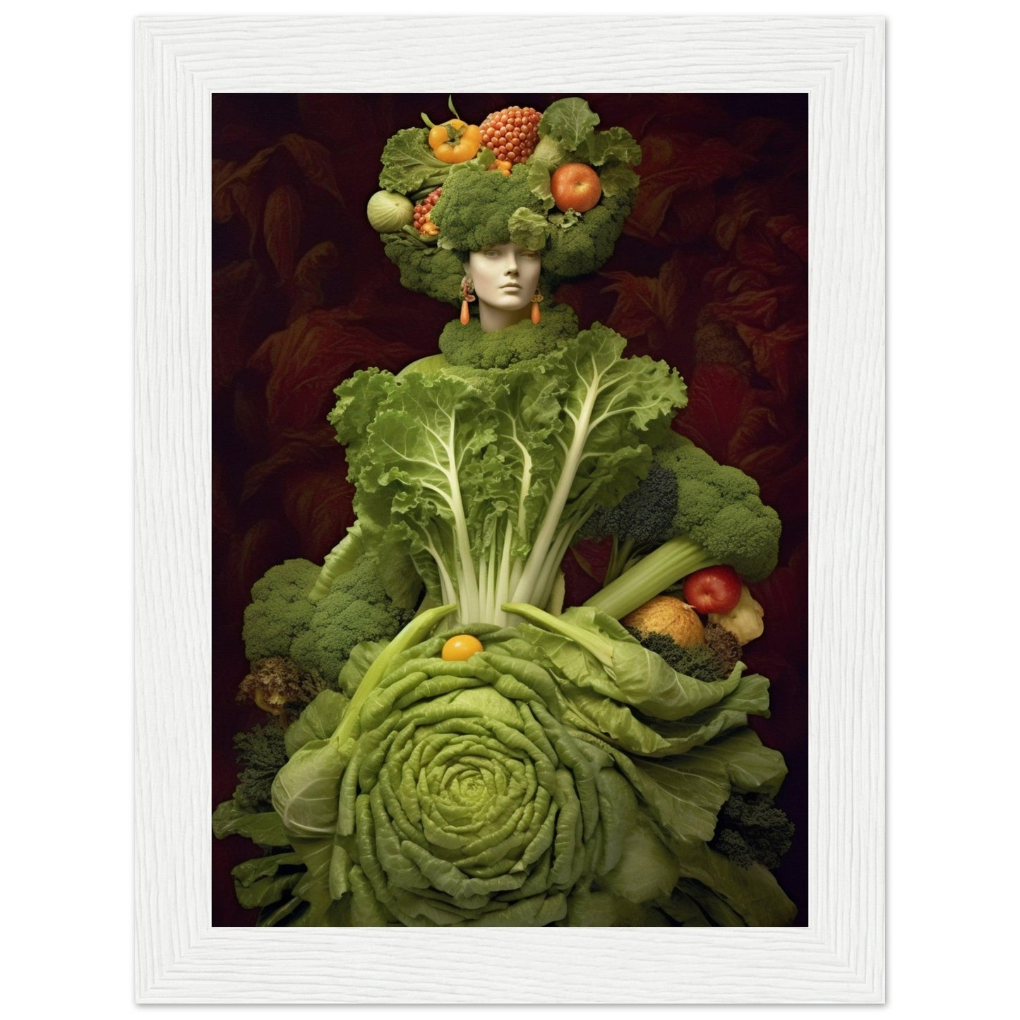 Surreal figure composed entirely of various fruits and vegetables.
