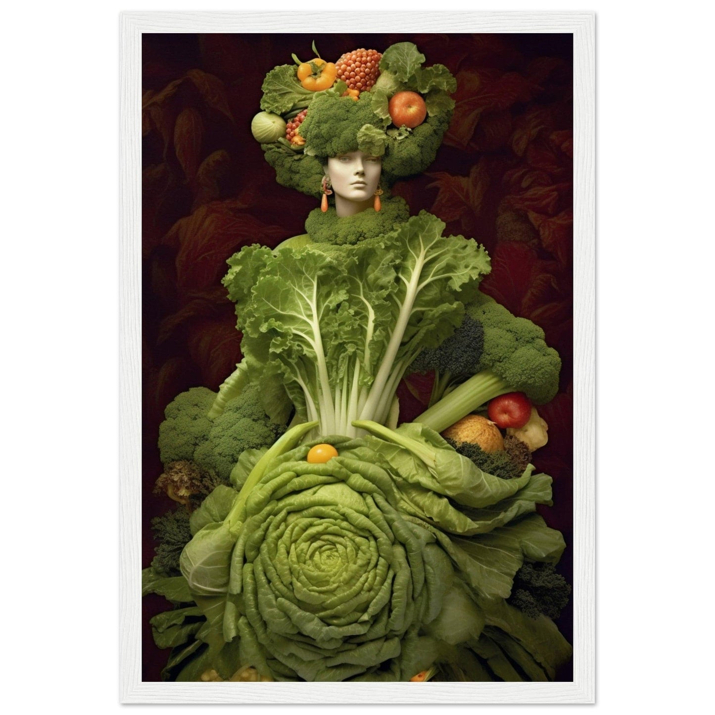 Surreal figure composed entirely of various fruits and vegetables, primarily leafy greens.
