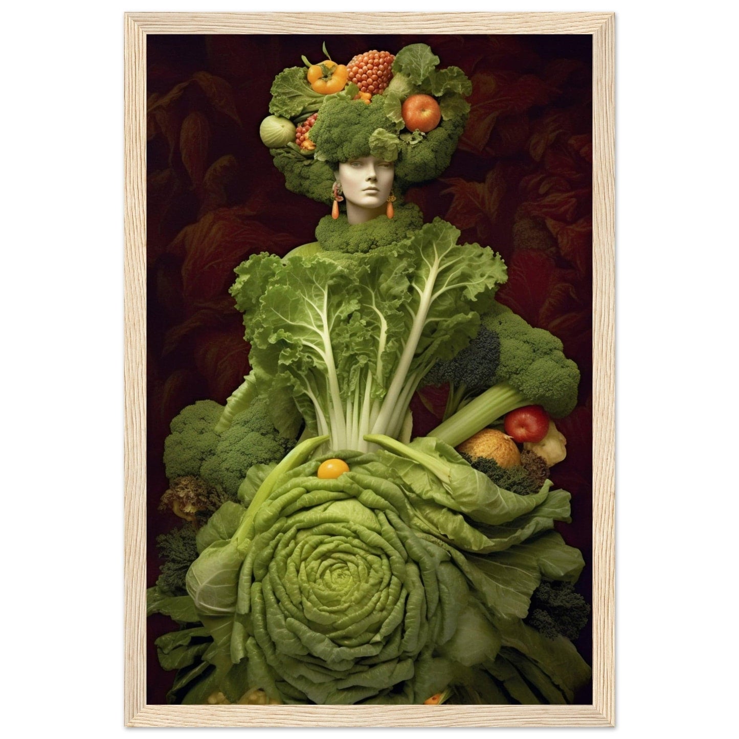 Surreal figure composed entirely of various green vegetables and colorful fruits.