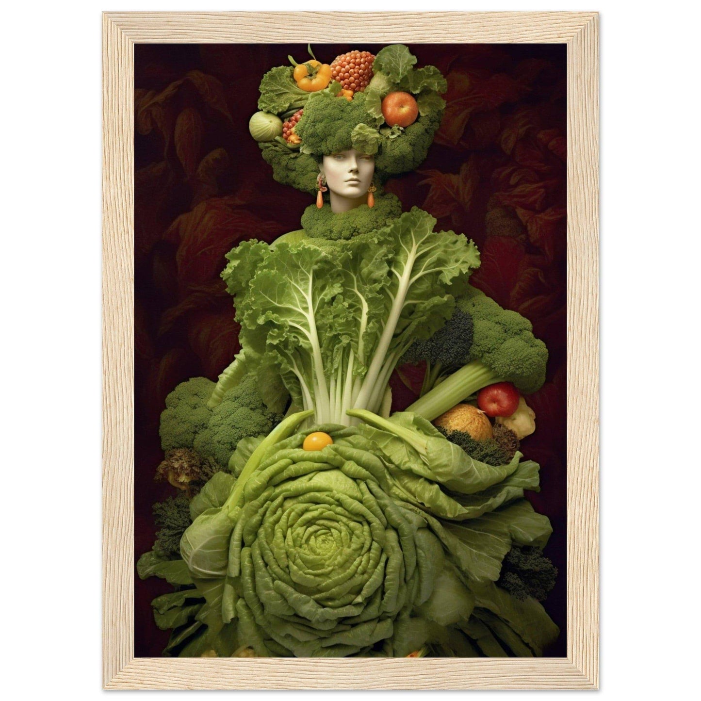 Surreal figure composed entirely of various fruits and vegetables, with a cabbage dress and fruit-adorned leafy headdress.