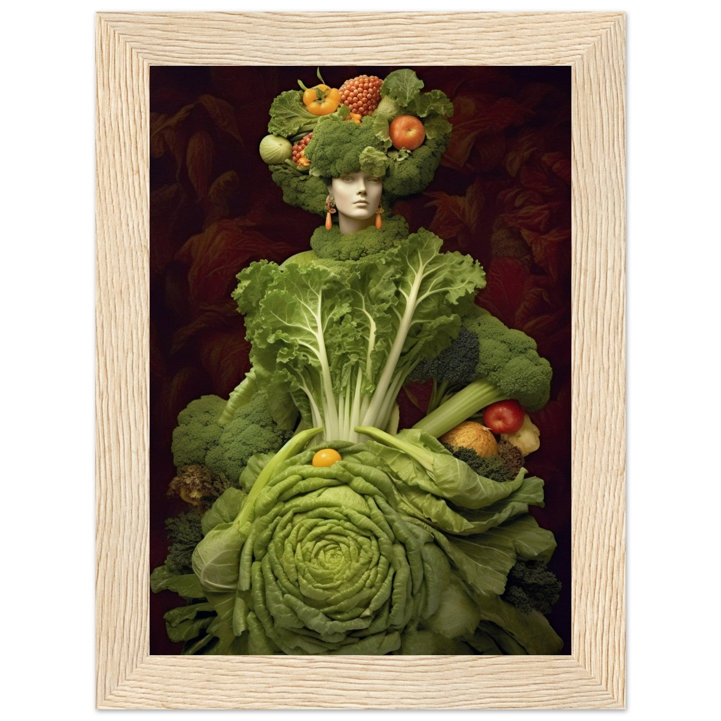 Surreal figure composed entirely of various green vegetables and colorful fruits.