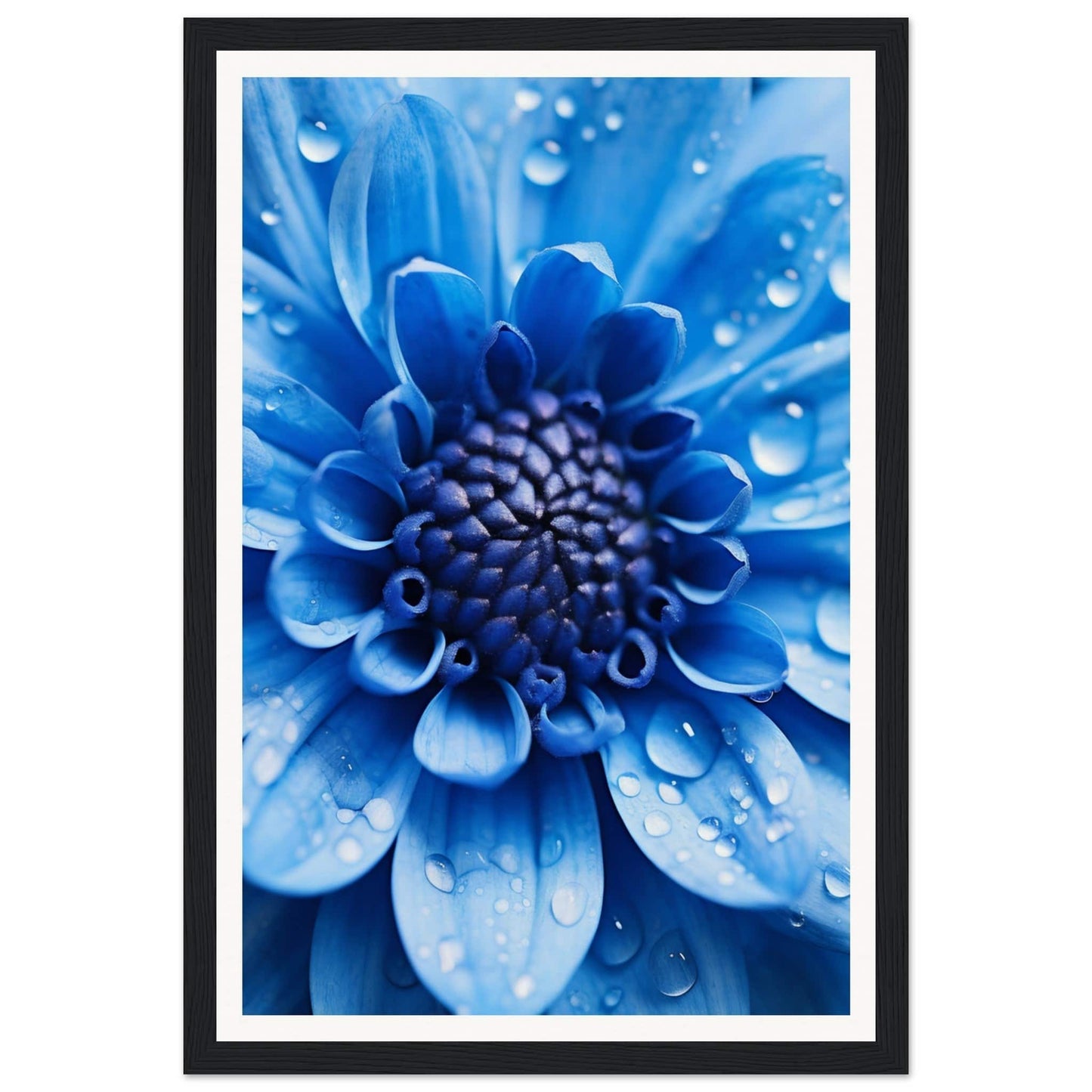 Vibrant blue flower with water droplets on its petals.