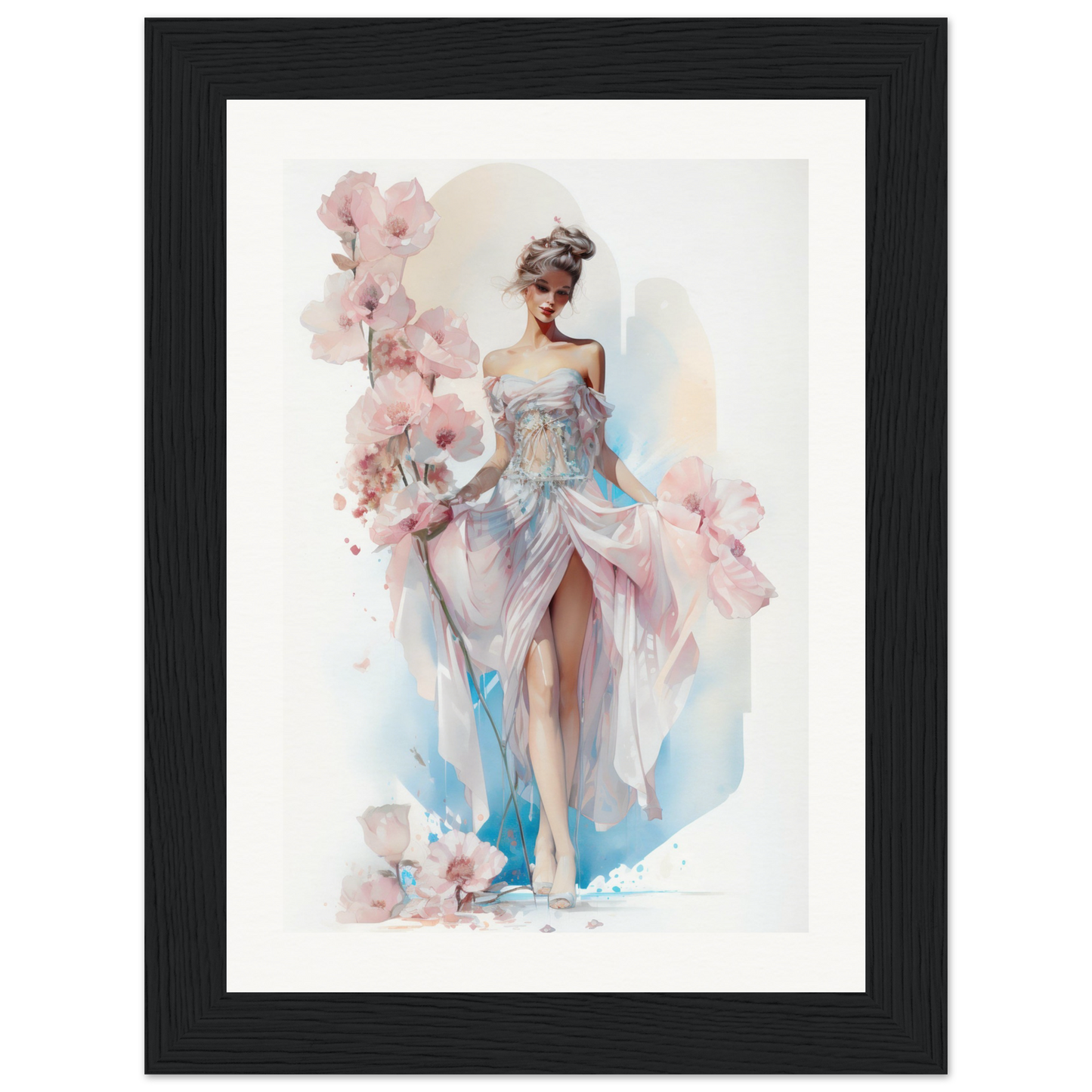 Elegant watercolor painting of a woman in a flowing blue and white gown surrounded by soft pink floral elements.