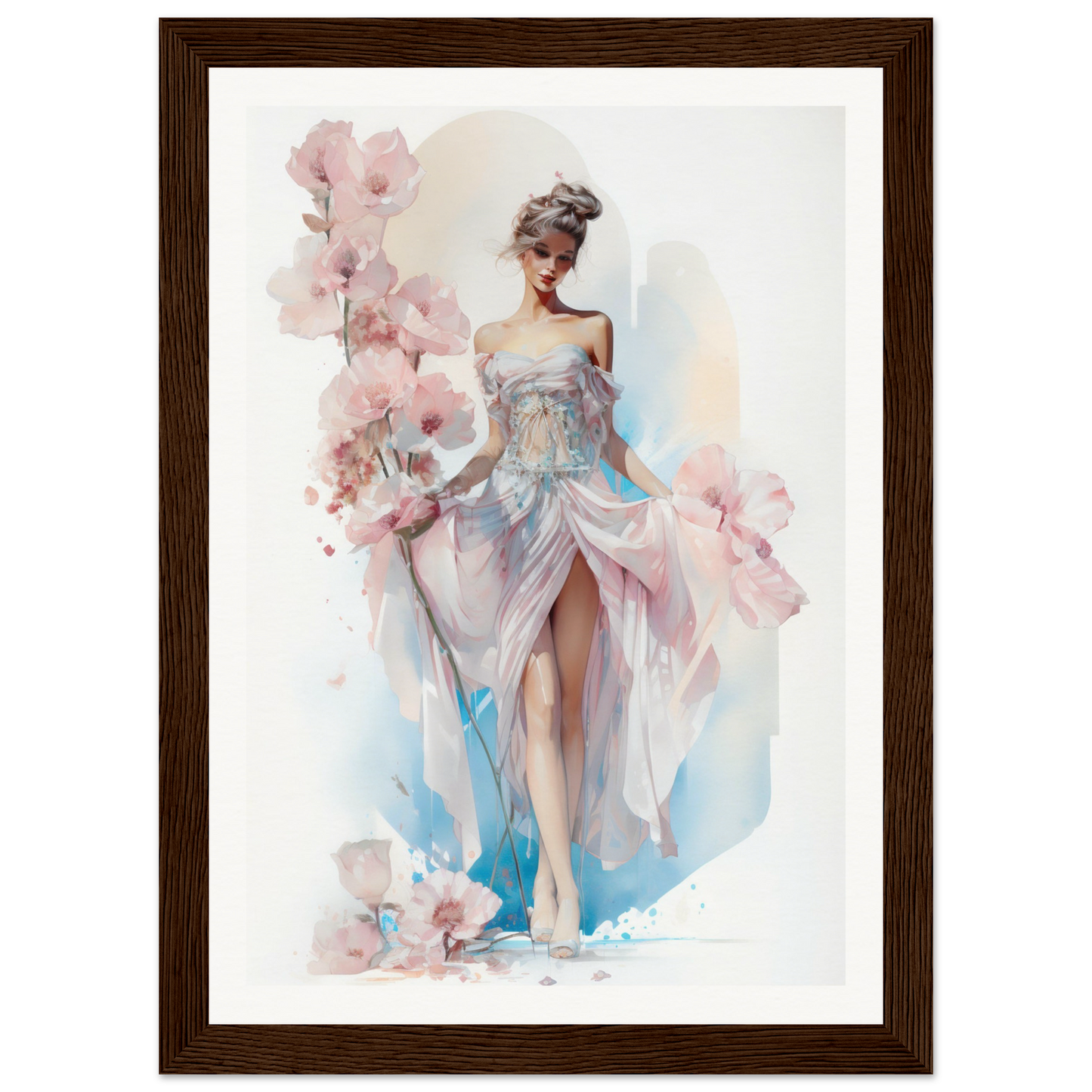 Watercolor painting of an elegant woman in a flowing dress surrounded by pink flowers.