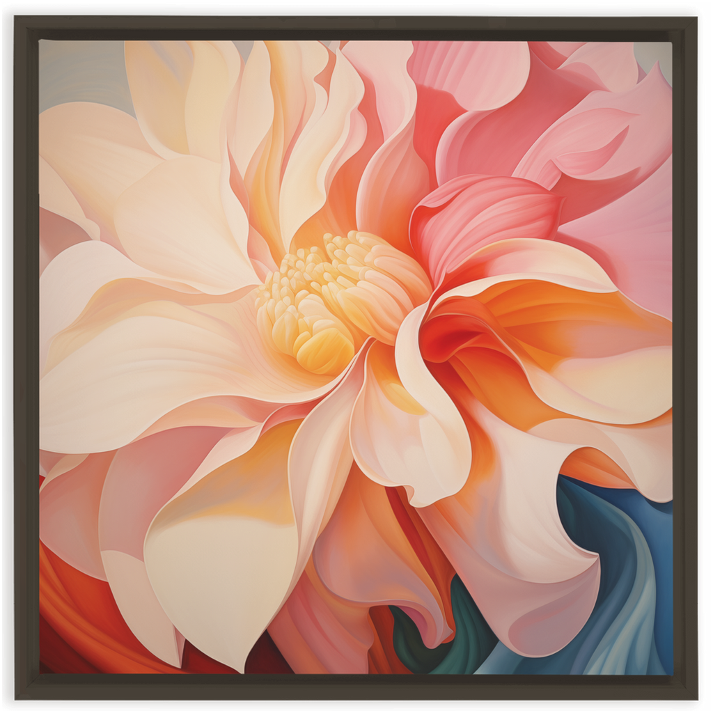 Vibrant, close-up painting of a blooming flower with soft, layered petals in shades of pink, orange, and white.