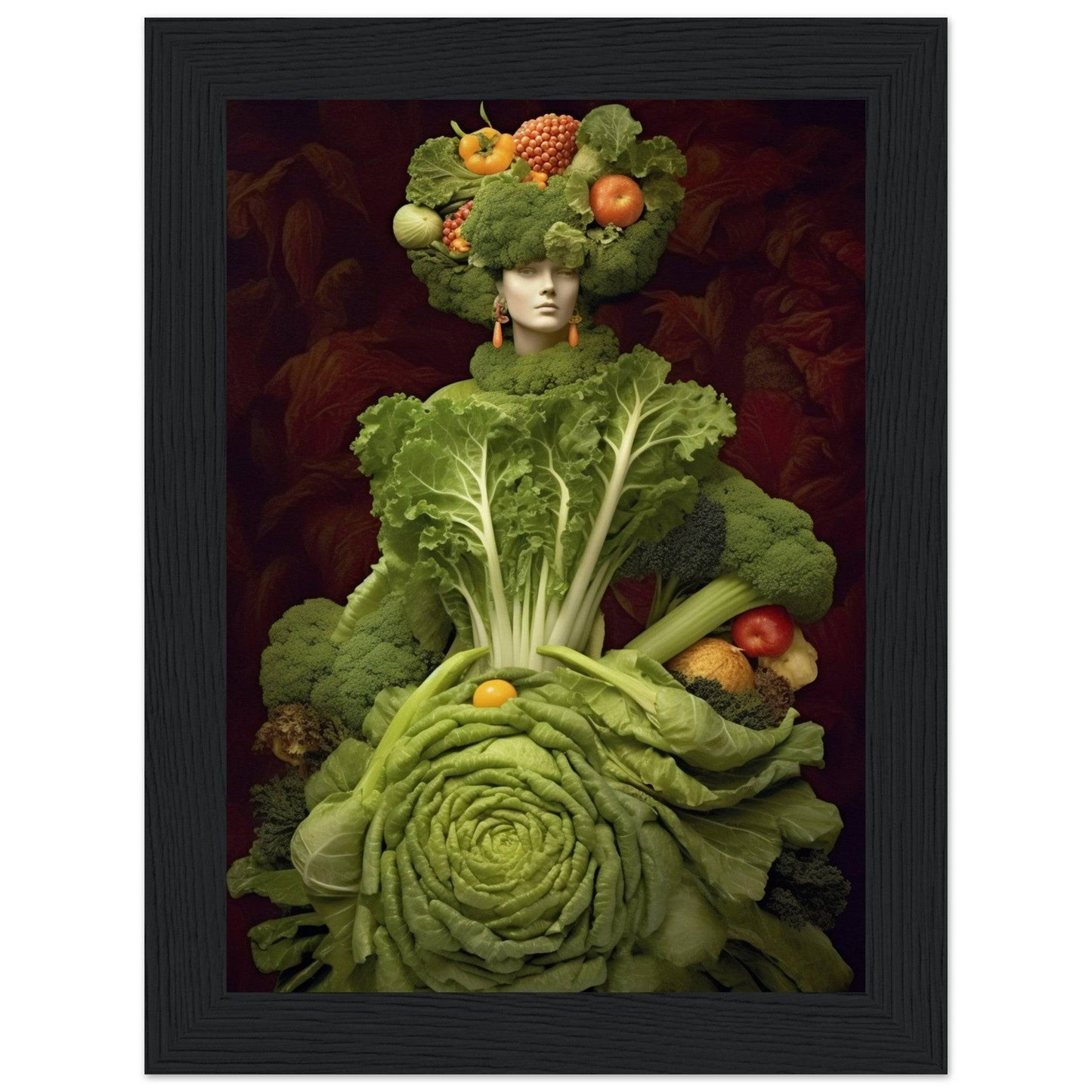 Surreal portrait composed entirely of various fruits and vegetables, forming a human-like figure with a leafy green dress and elaborate fruit headdress.