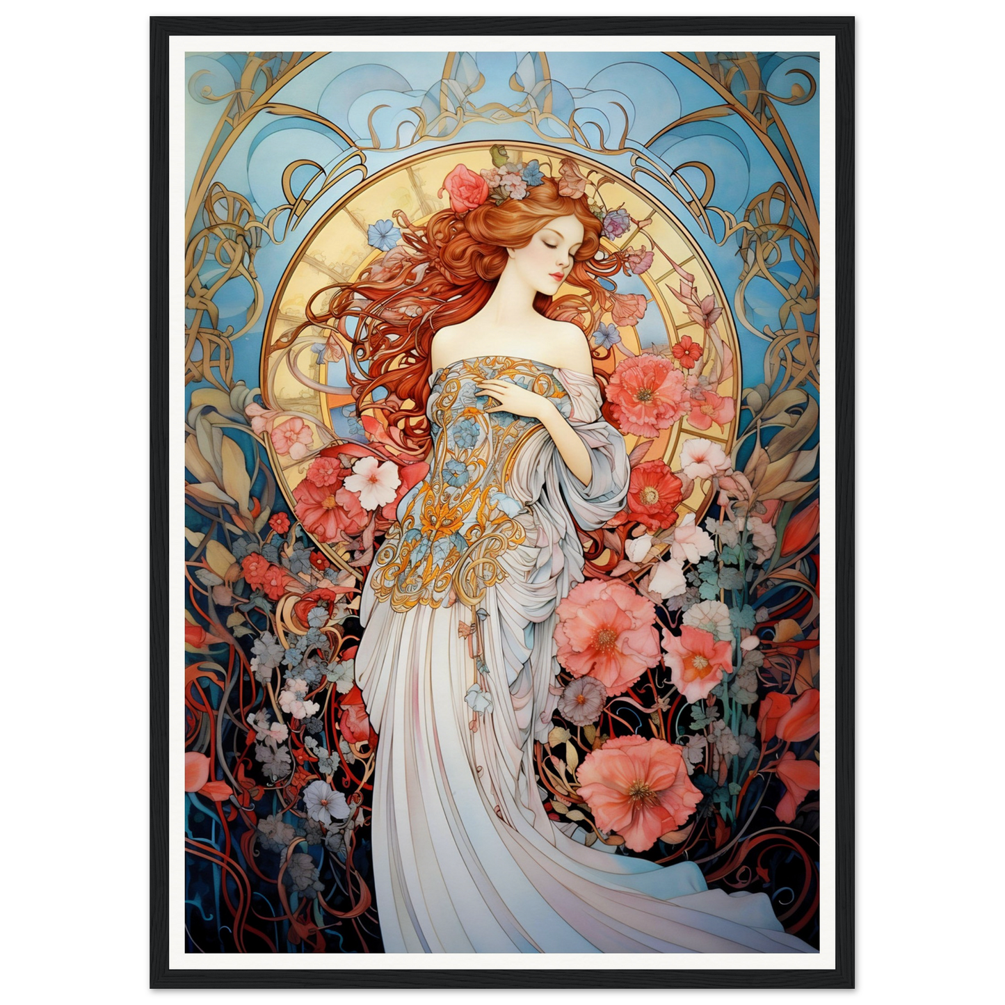 Art Nouveau-style painting of a woman with flowing red hair surrounded by floral motifs and decorative elements.