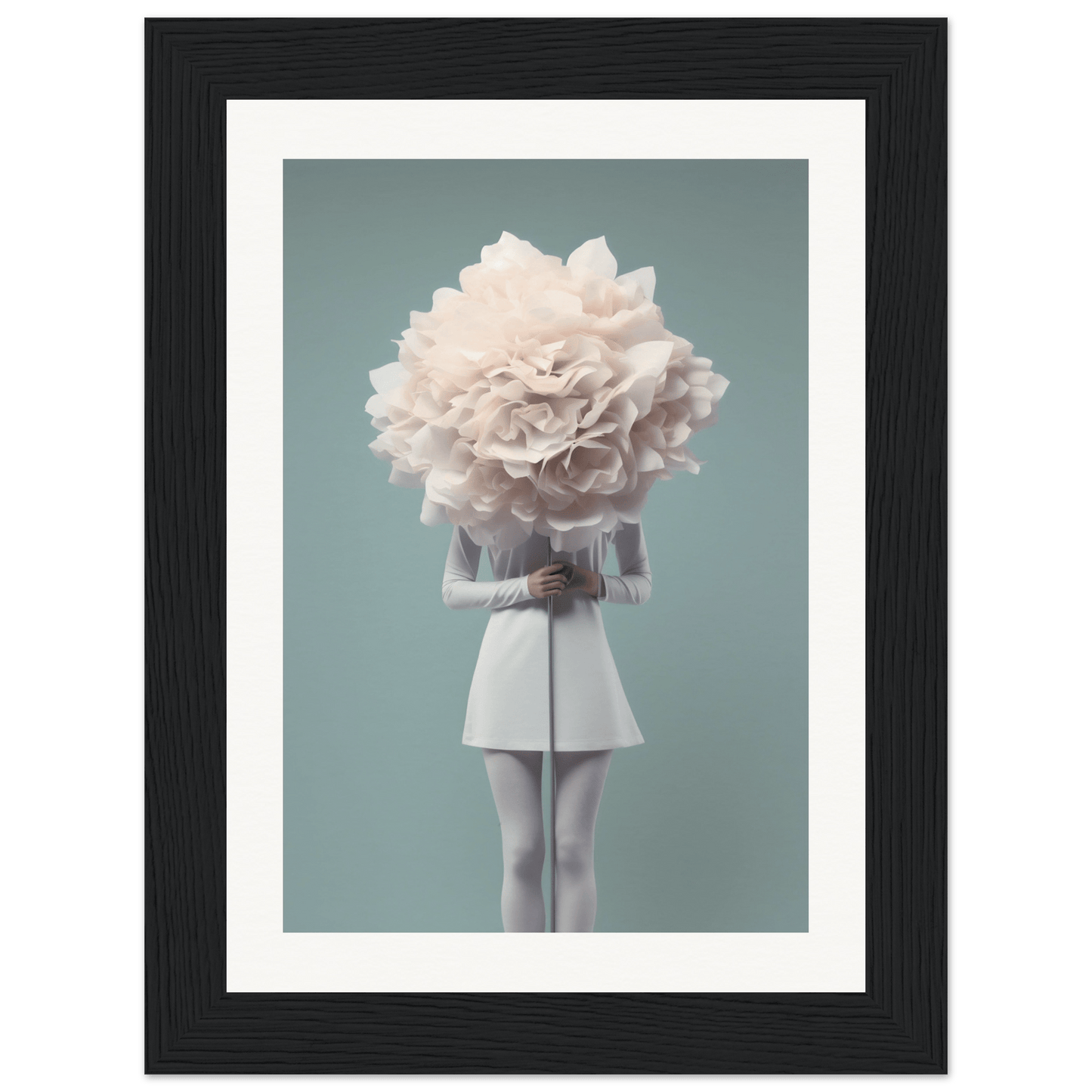 A figure with a giant white flower for a head, wearing a white dress.