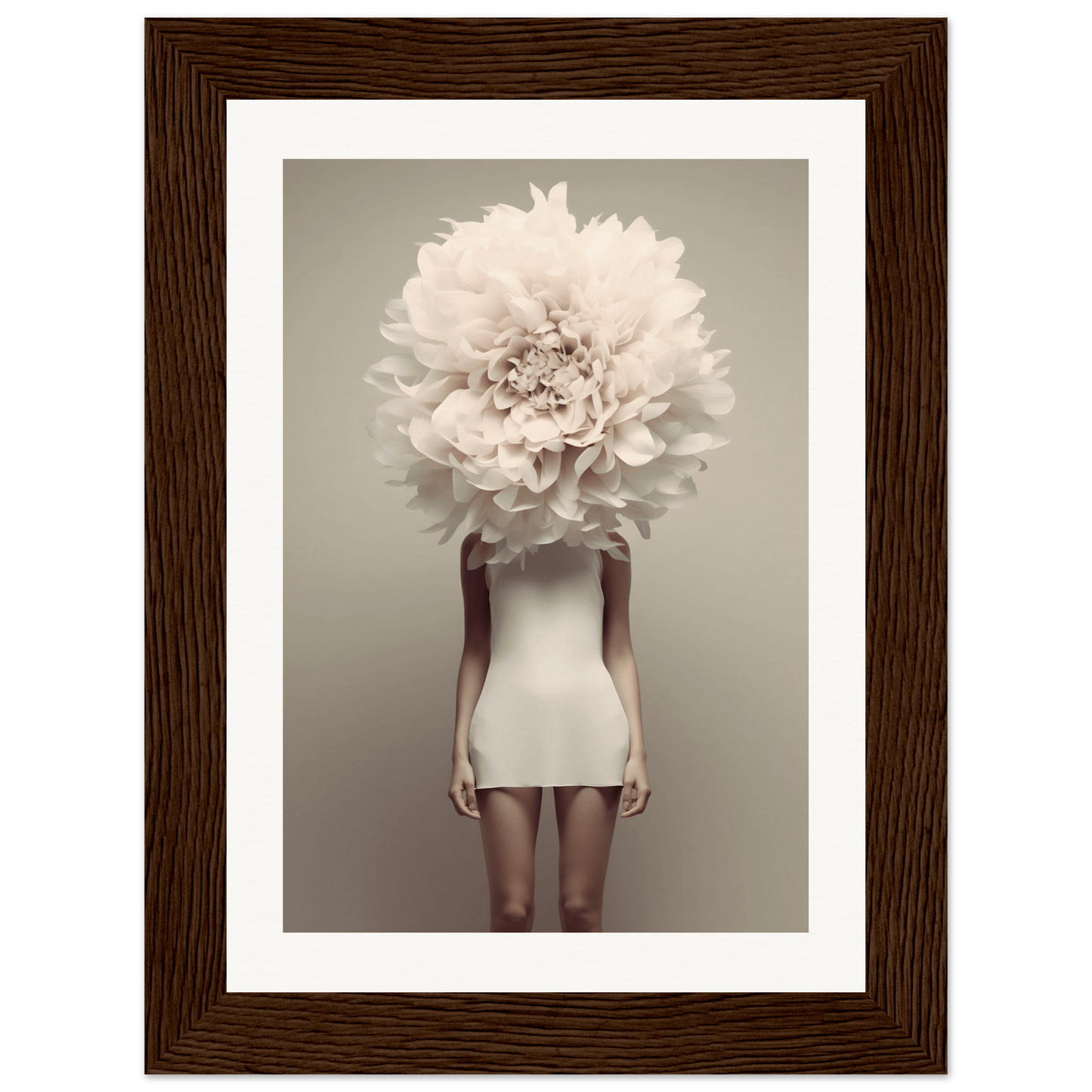 A figure wearing a white mini dress with an oversized white flower bloom obscuring the head.