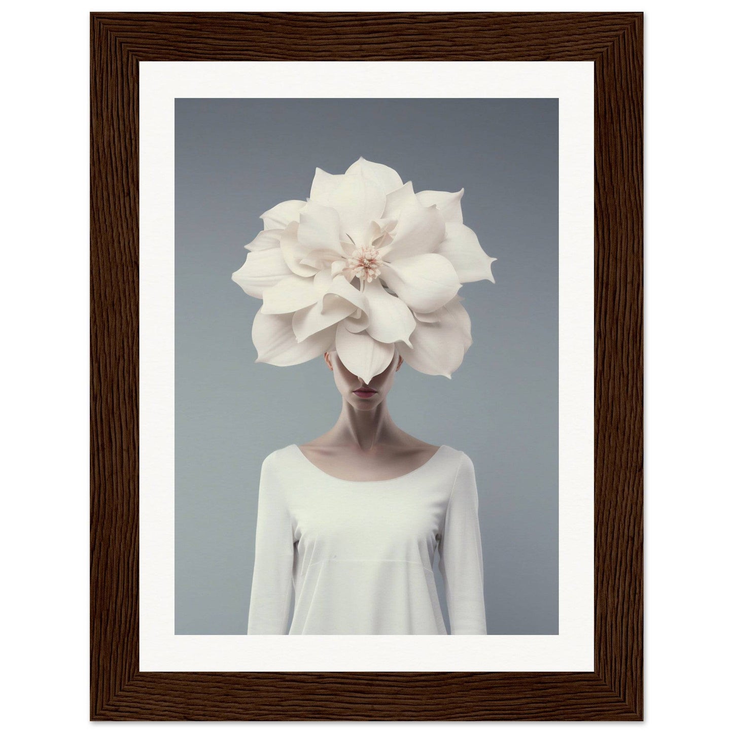 A figure wearing a white top with an oversized white flower covering their head and face.