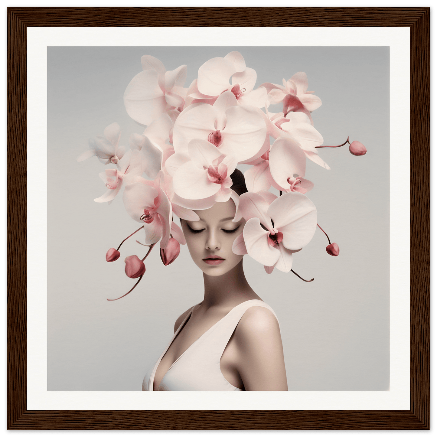 Artistic portrait featuring a person adorned with a dramatic orchid headdress.
