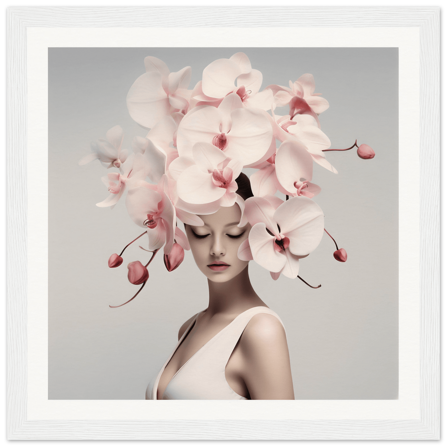 Elegant portrait featuring a person adorned with a dramatic orchid headdress.