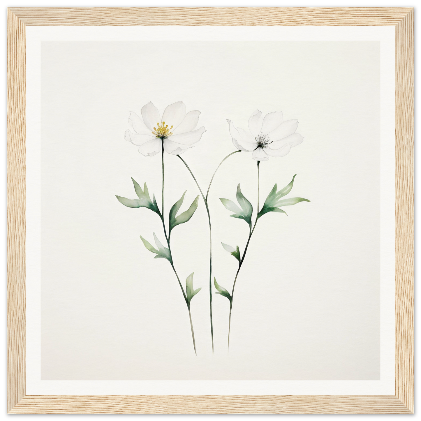 Delicate watercolor painting of two slender wildflowers with stems and leaves.