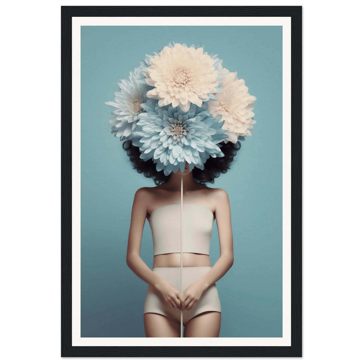 Surreal portrait of a figure with giant white flowers obscuring their head and face.