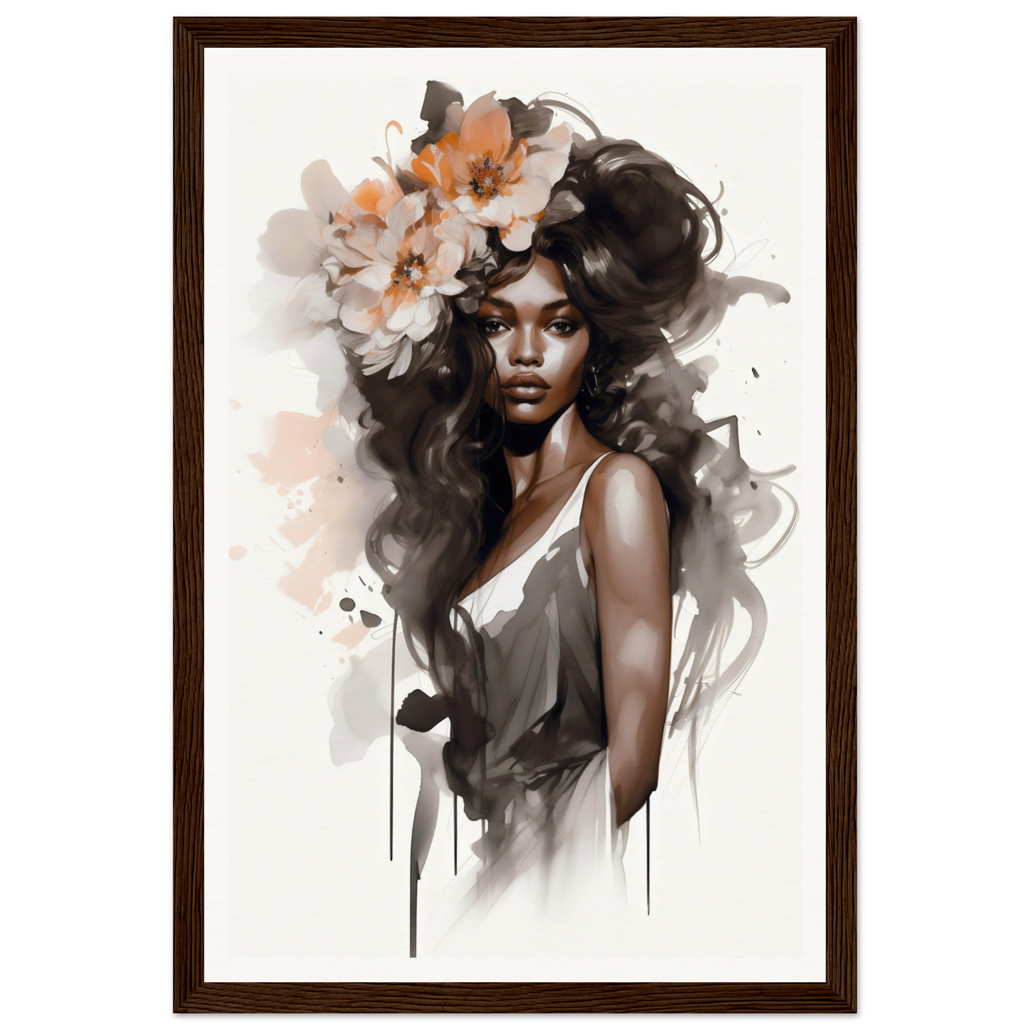 Portrait painting of a woman with flowing dark hair adorned with flowers.