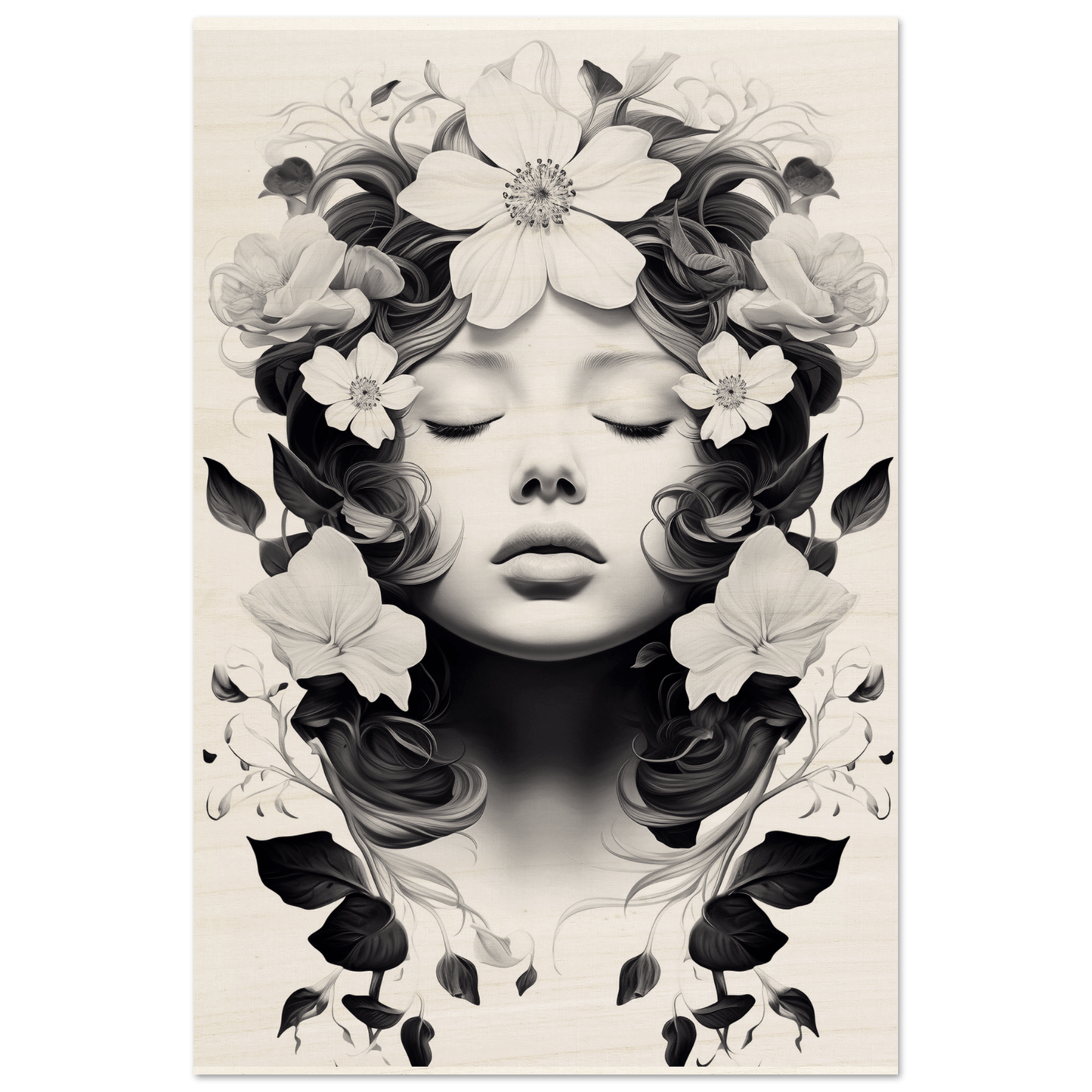 Artistic portrait of a woman’s face surrounded by floral elements in black and white.