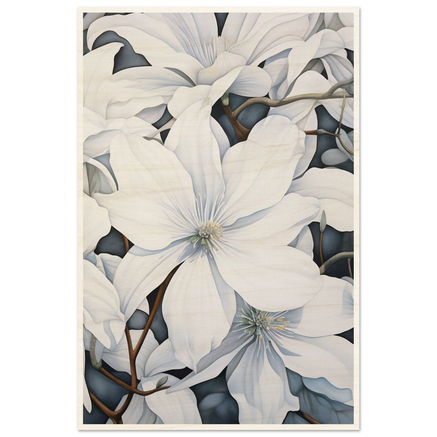 Close-up painting of white magnolia flowers with delicate petals.