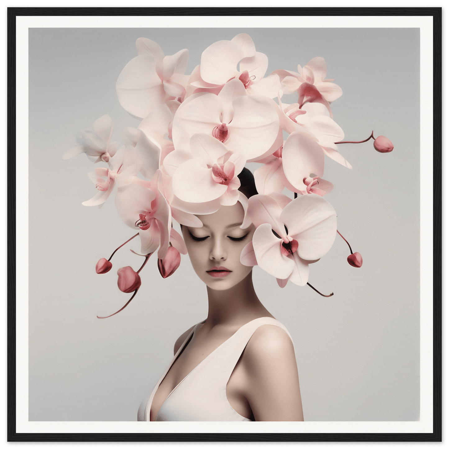 Woman wearing an elaborate headdress made of pale pink orchids.