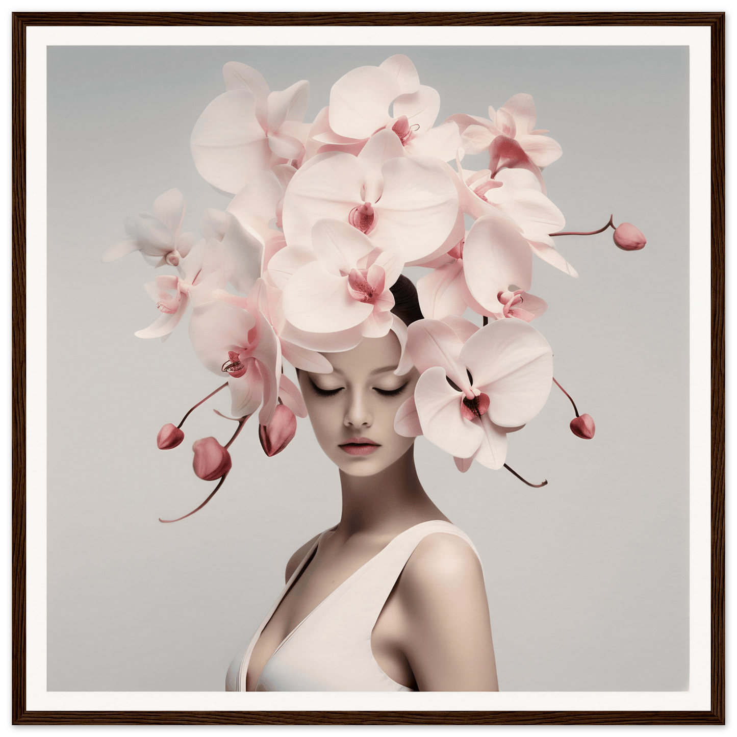 Elegant floral headdress featuring pale pink orchids cascading over a figure’s head and face.