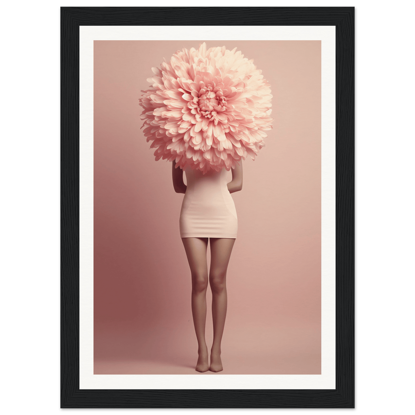 A person wearing a short white dress with an oversized pink flower covering their head and upper body.