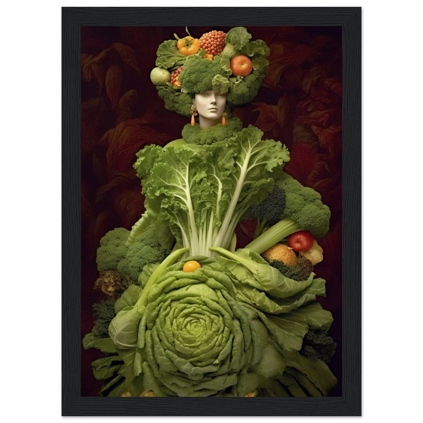 Surreal figure composed entirely of various fruits and vegetables, with a cabbage dress and leafy headdress adorned with produce.