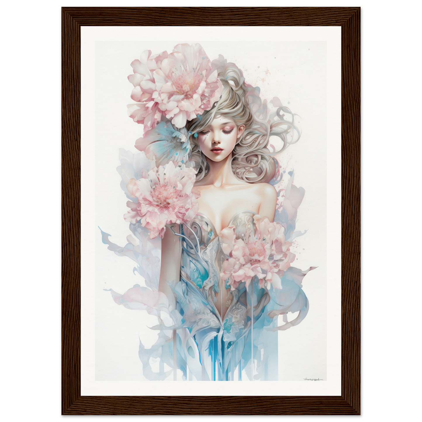 Watercolor-style portrait of a woman with flowing hair surrounded by pink flowers and blue accents.