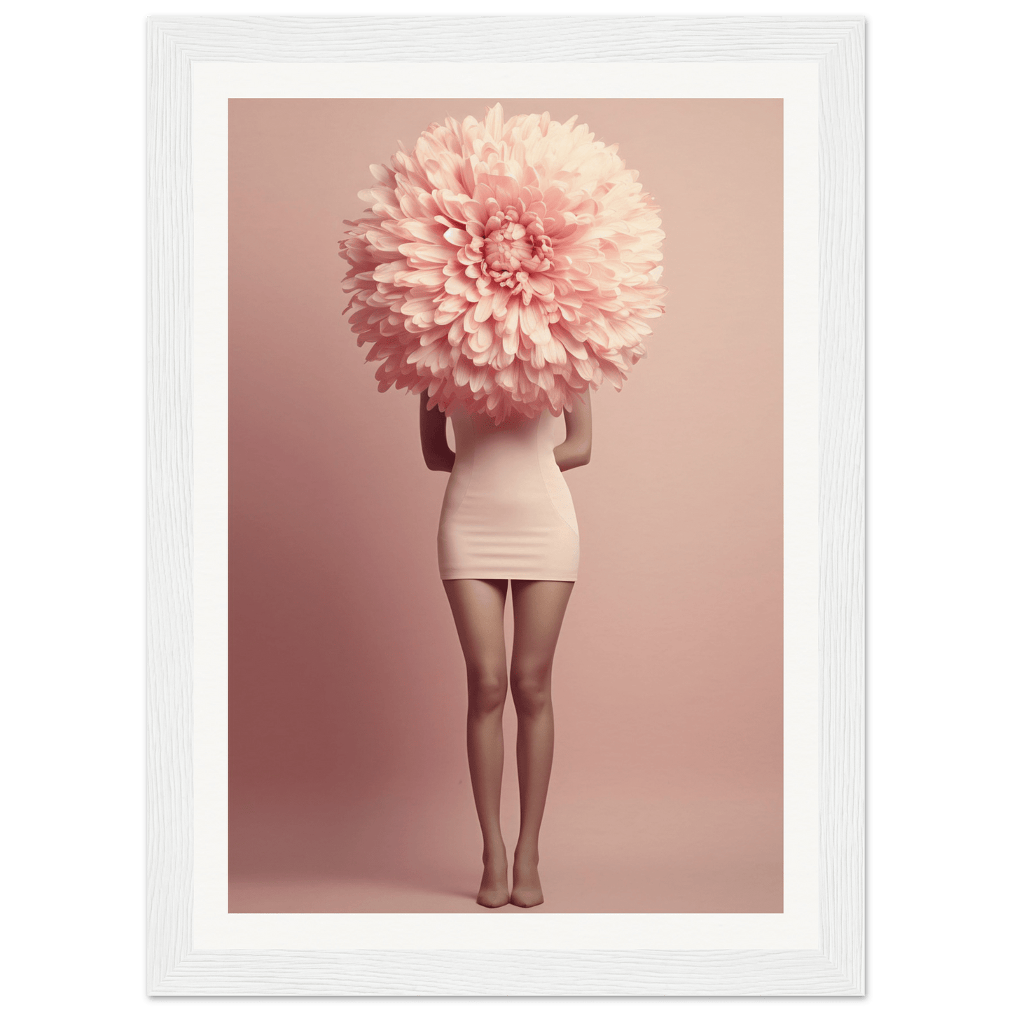 A person wearing a short dress with an oversized pink flower covering their head and upper body.