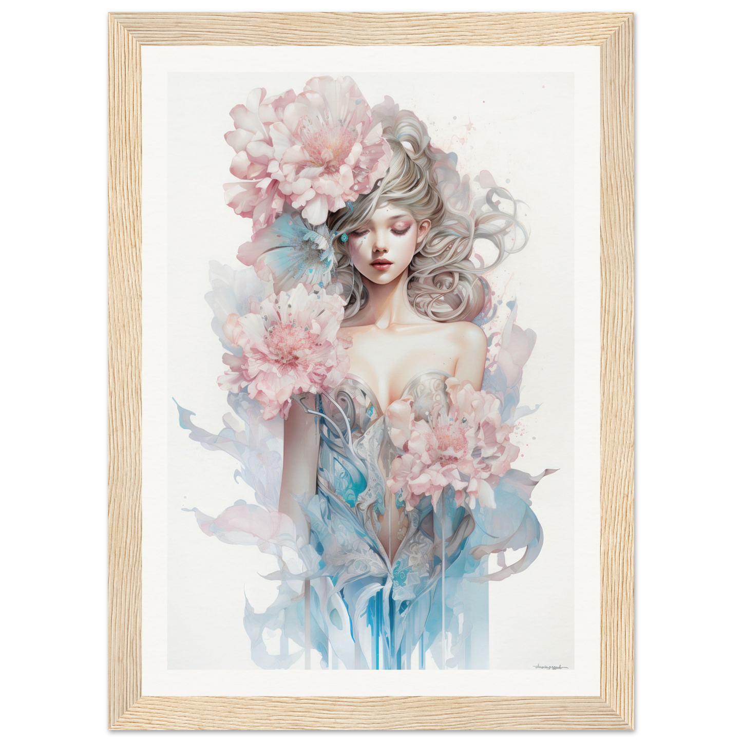 Watercolor-style painting of a woman surrounded by pink flowers and blue-tinted foliage.