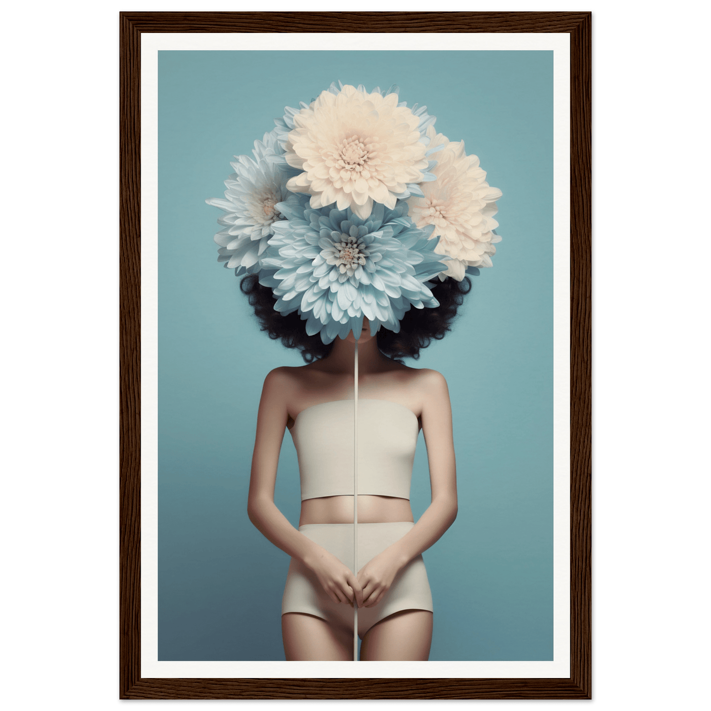 A figure wearing white undergarments with oversized white flowers obscuring their head.
