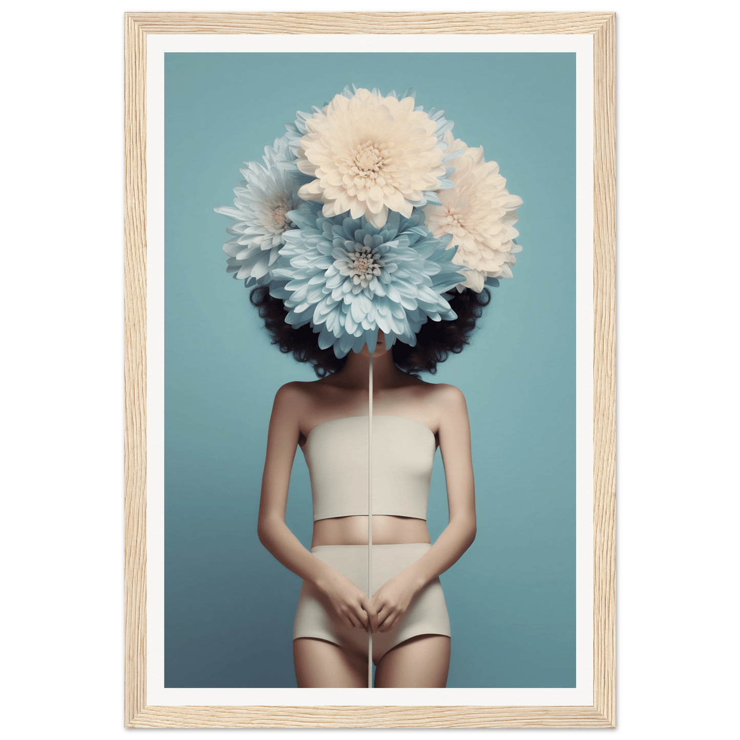 Figure wearing a white outfit with oversized flowers obscuring the head.