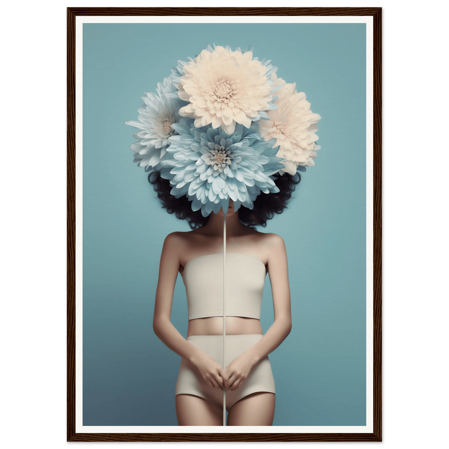 Surreal portrait of a figure with giant white chrysanthemums in place of a head.