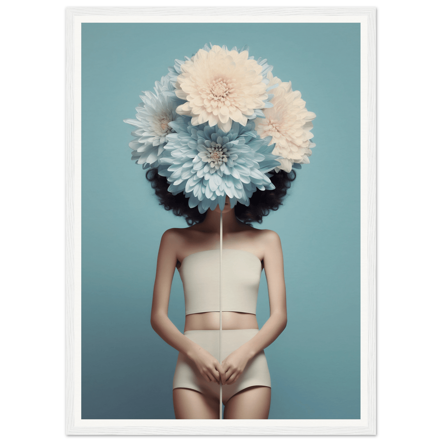 Surreal figure with giant chrysanthemum flowers in place of a head, wearing pale undergarments.