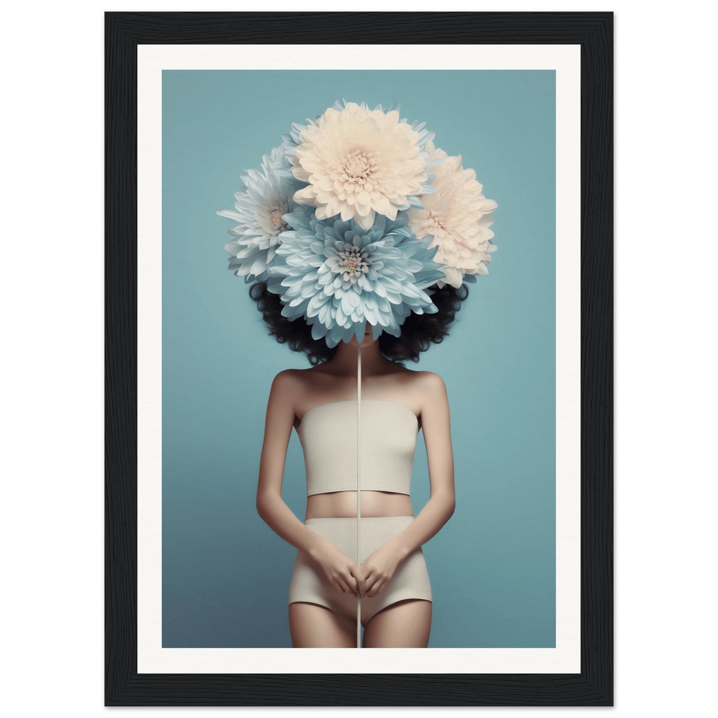 Surreal portrait of a figure with giant flowers obscuring their head and face.