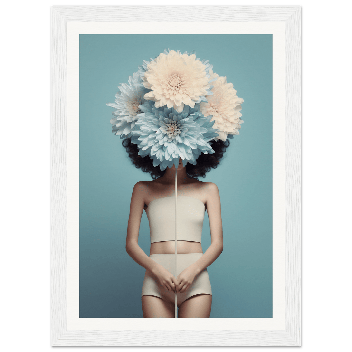 A person wearing oversized flowers as a headdress, obscuring their face.