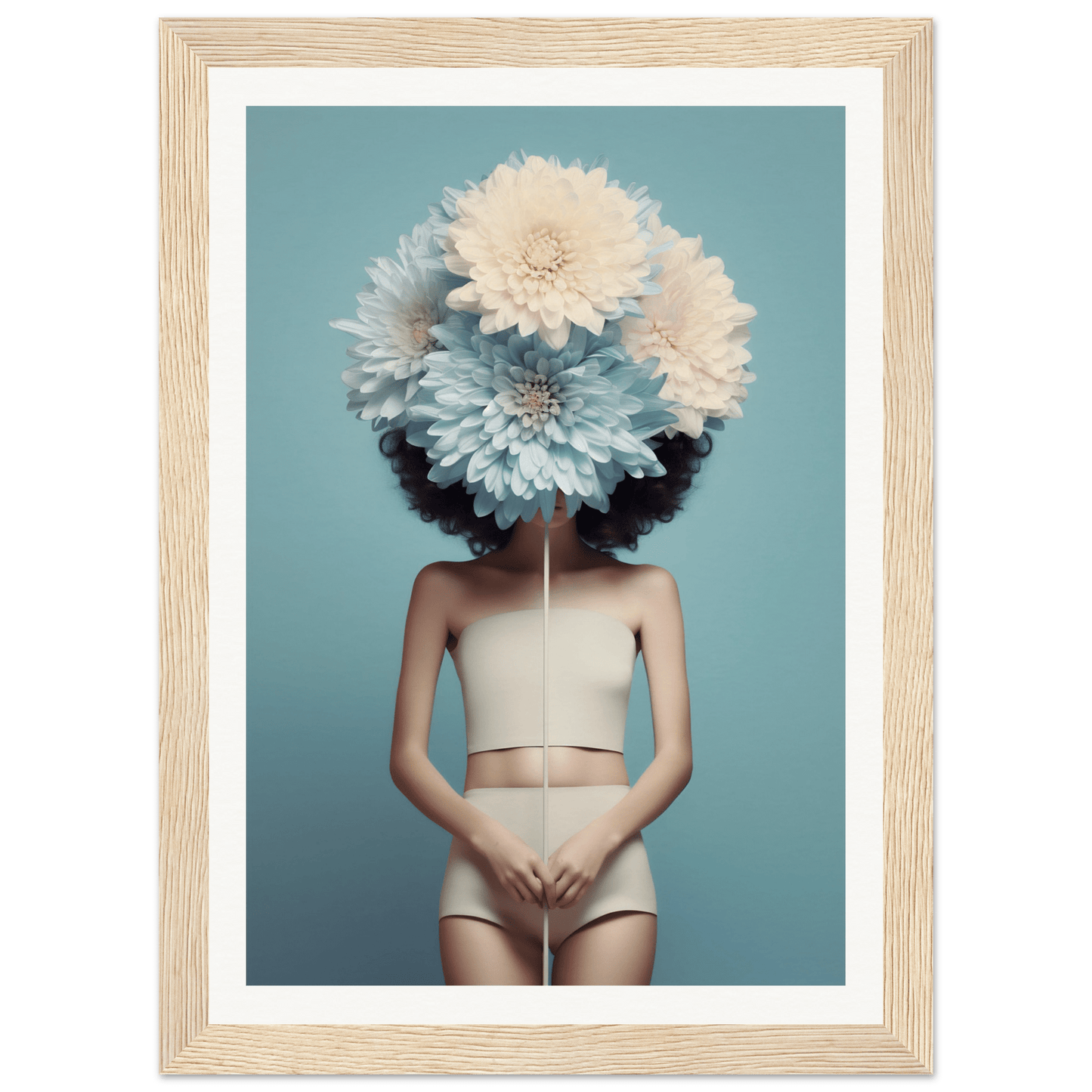 A figure wearing nude-colored undergarments with their head obscured by oversized white and blue flowers.