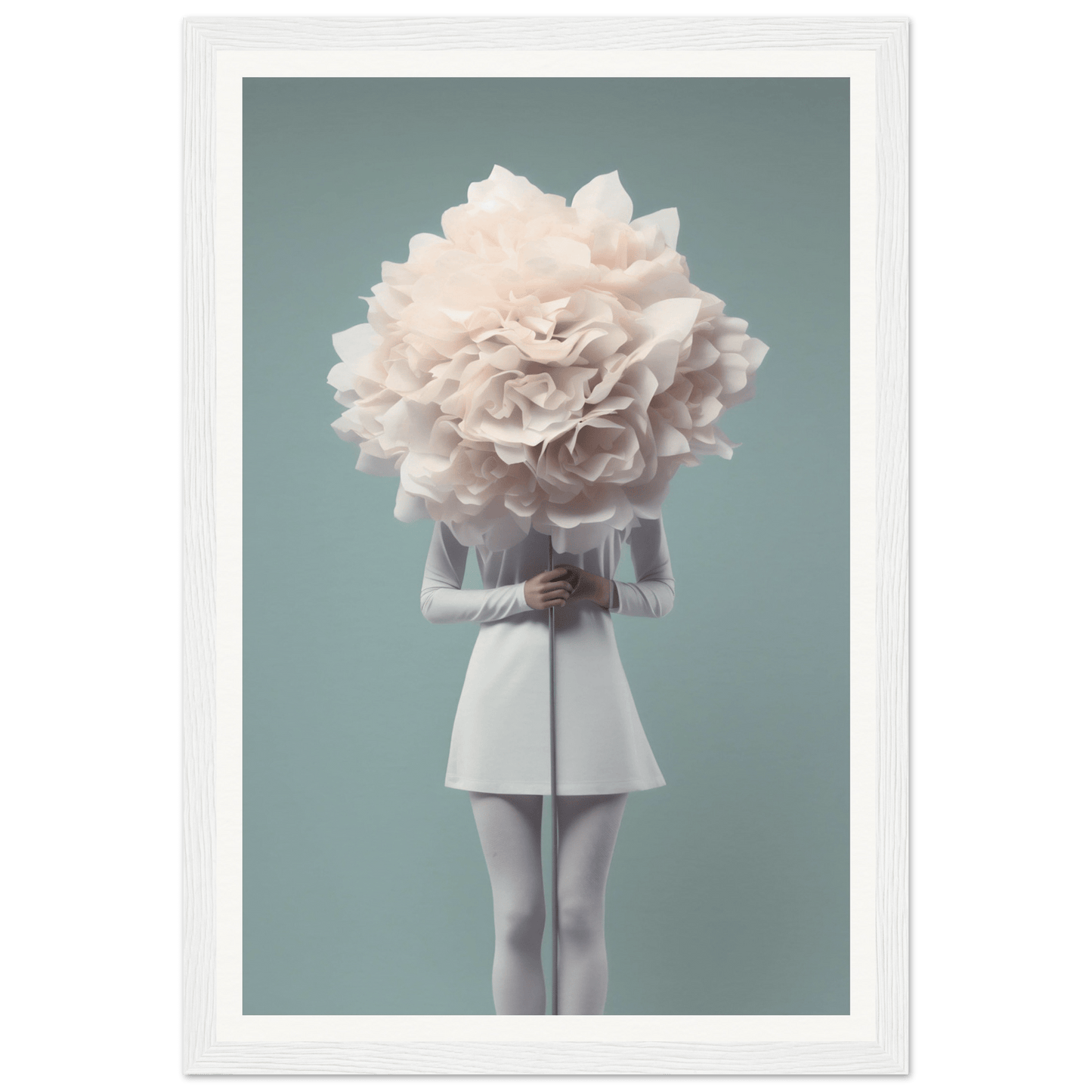 A figure in a white dress with an oversized flower bloom in place of its head.