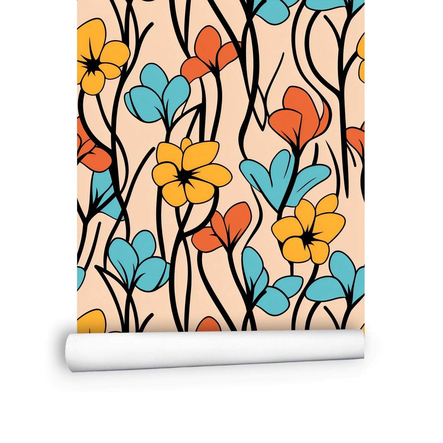 Floral wallpaper pattern with stylized yellow, orange, and blue flowers on a light background.
