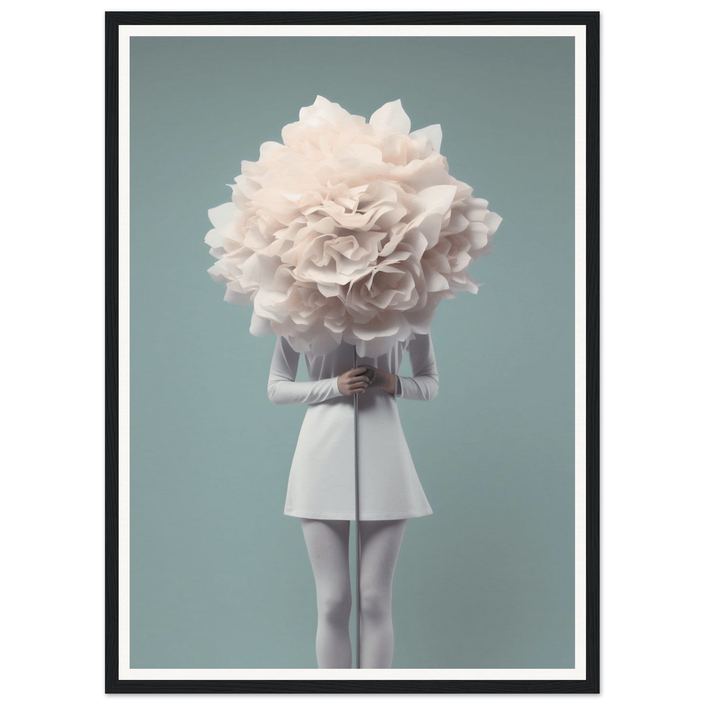 A figure in a white outfit with an oversized flower bloom for a head.