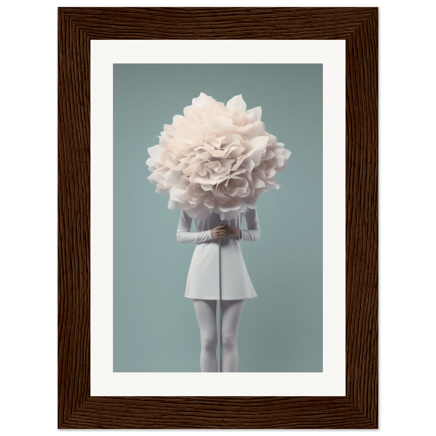 A figure in a white outfit with a giant flower for a head.
