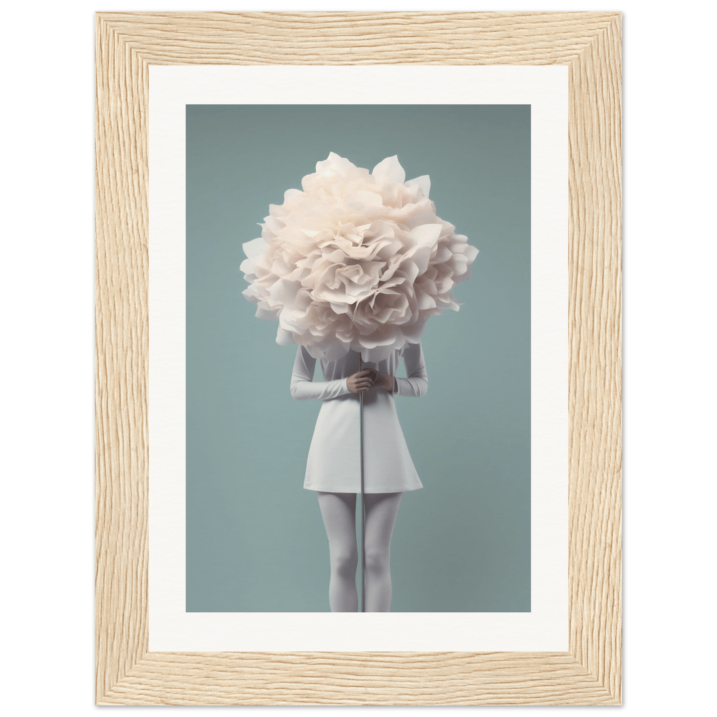 Surreal figure with a giant white flower for a head, wearing a short white dress.