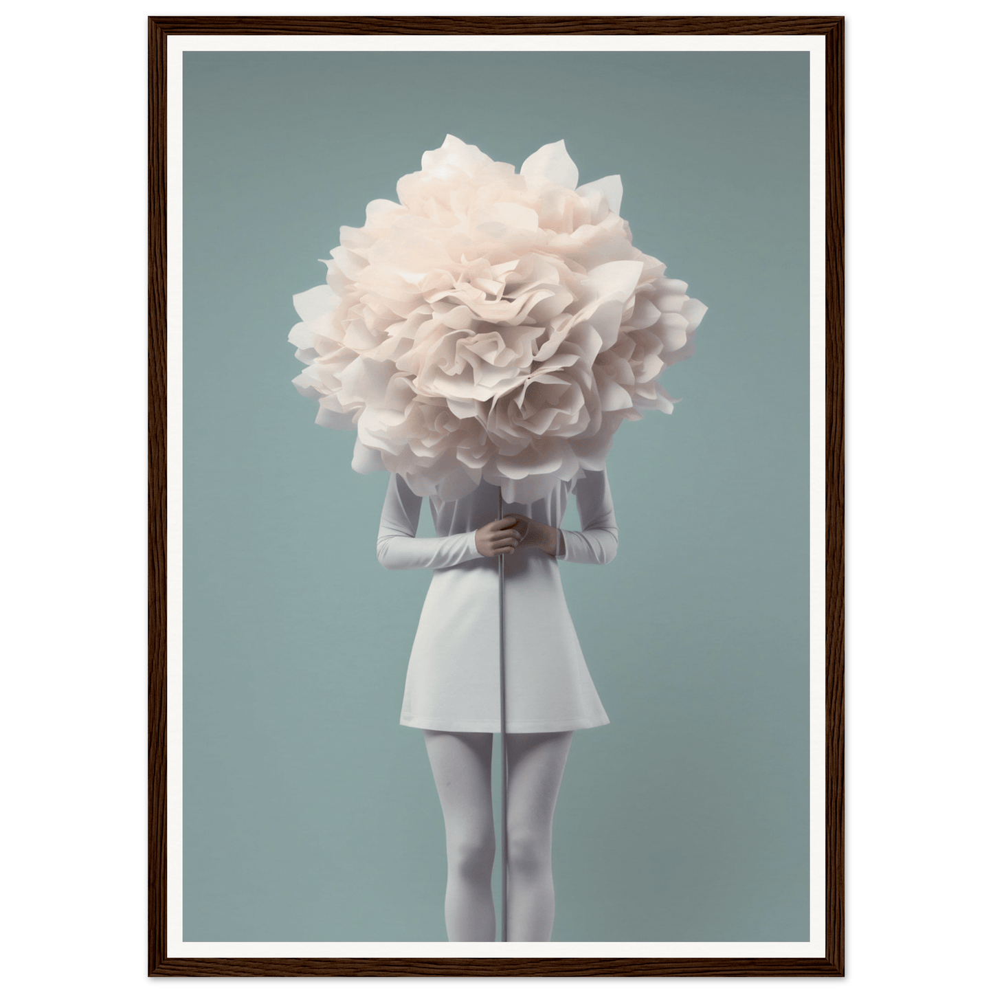 A figure in a white dress with an oversized flower bloom for a head.