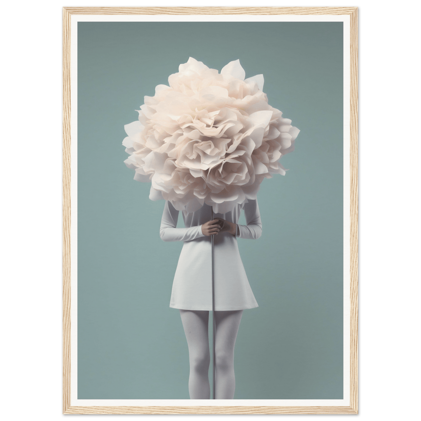 A figure in a white dress with an oversized flower bloom in place of its head.