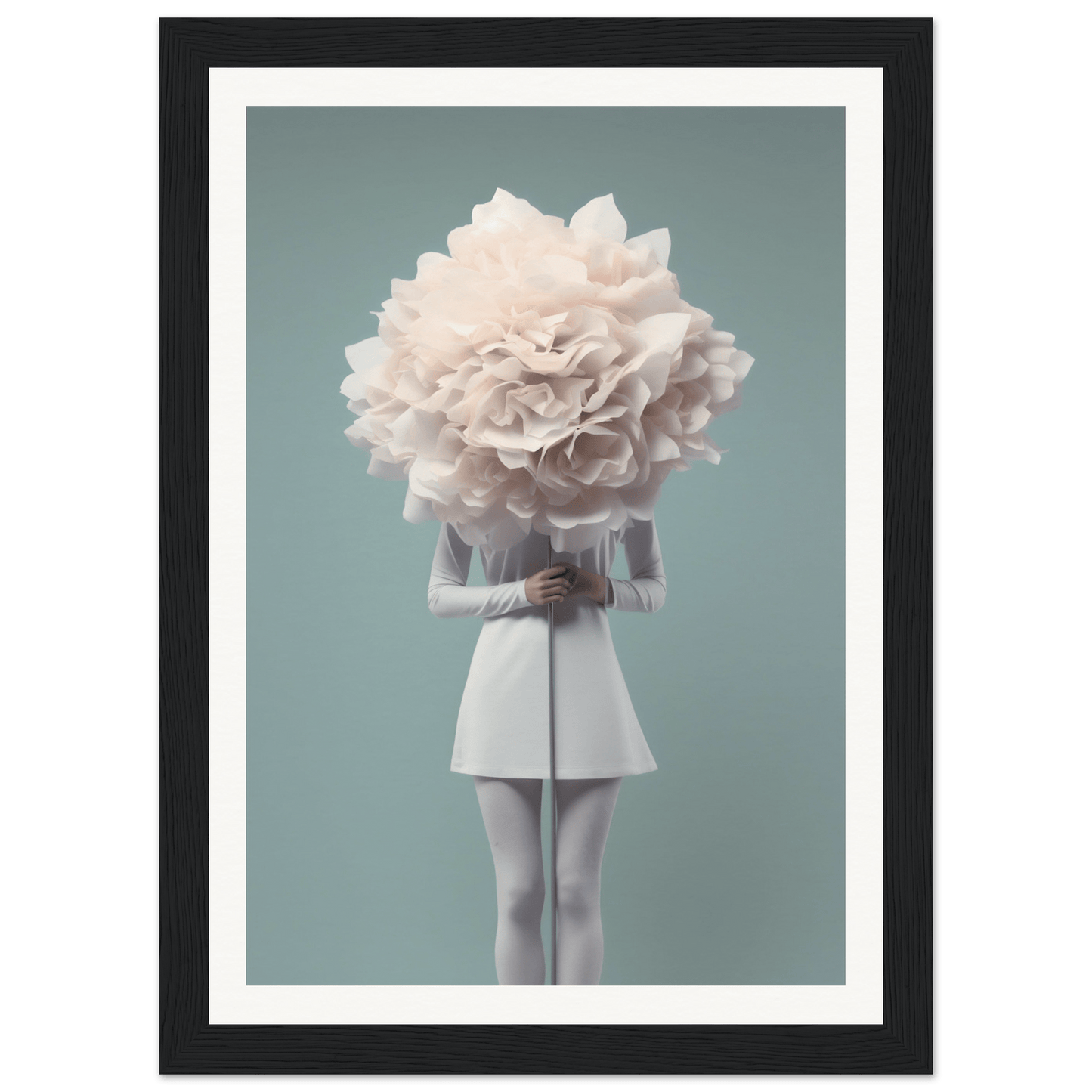 A figure with a giant white flower for a head, wearing a short white dress.