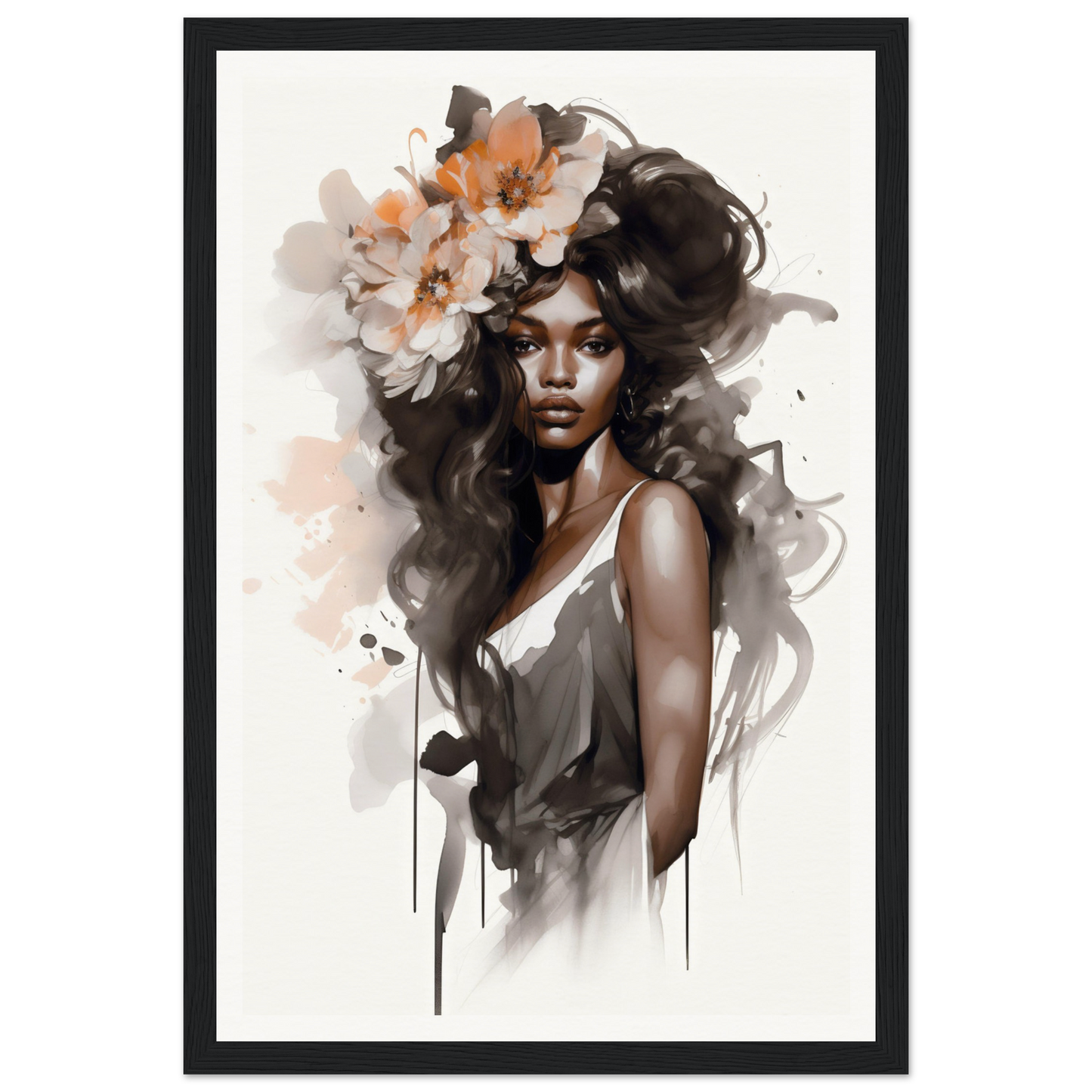 Portrait of a woman with flowing dark hair adorned with flowers, rendered in a painterly style with soft, blended colors.