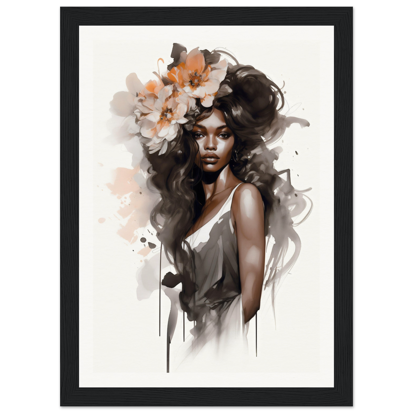 Portrait painting of a woman with flowers in her hair and a flowing, ethereal style.