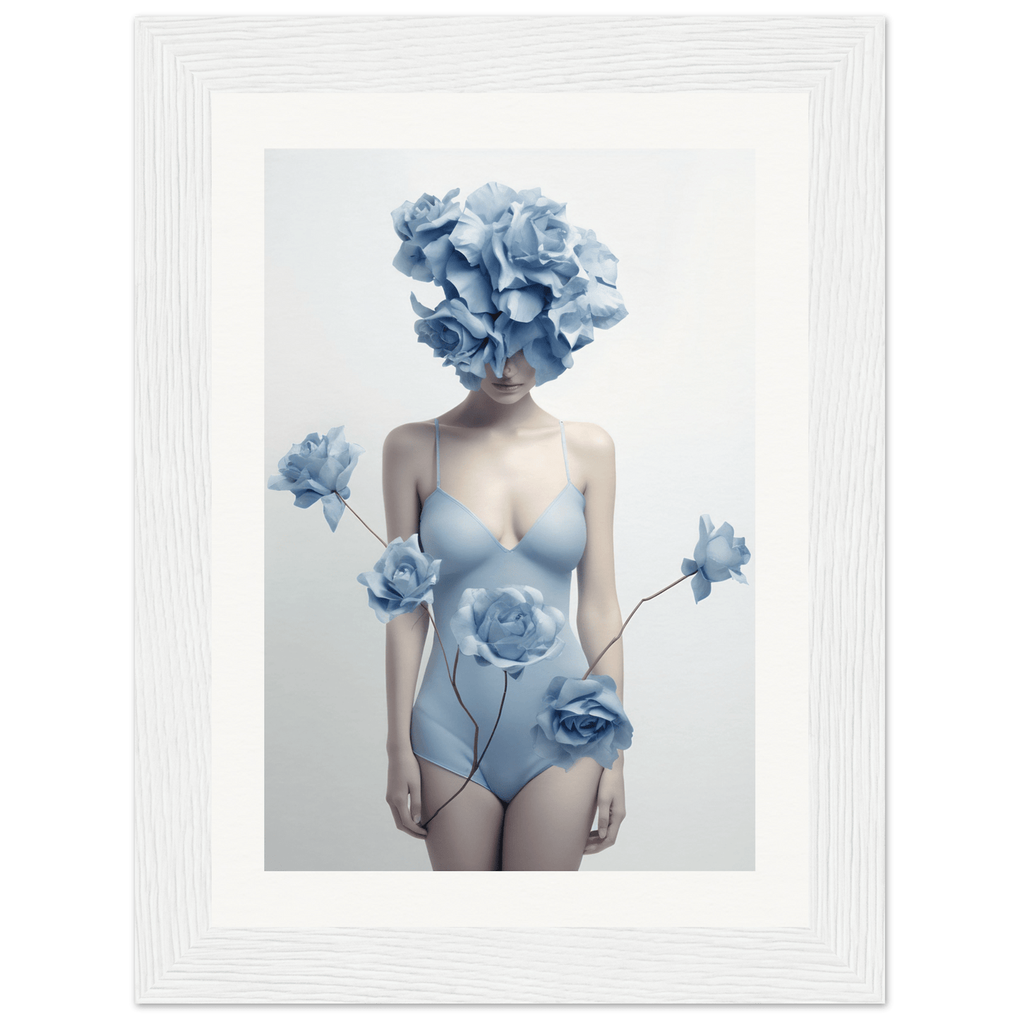Surreal figure with blue floral elements replacing the head and adorning a pale blue bodysuit.