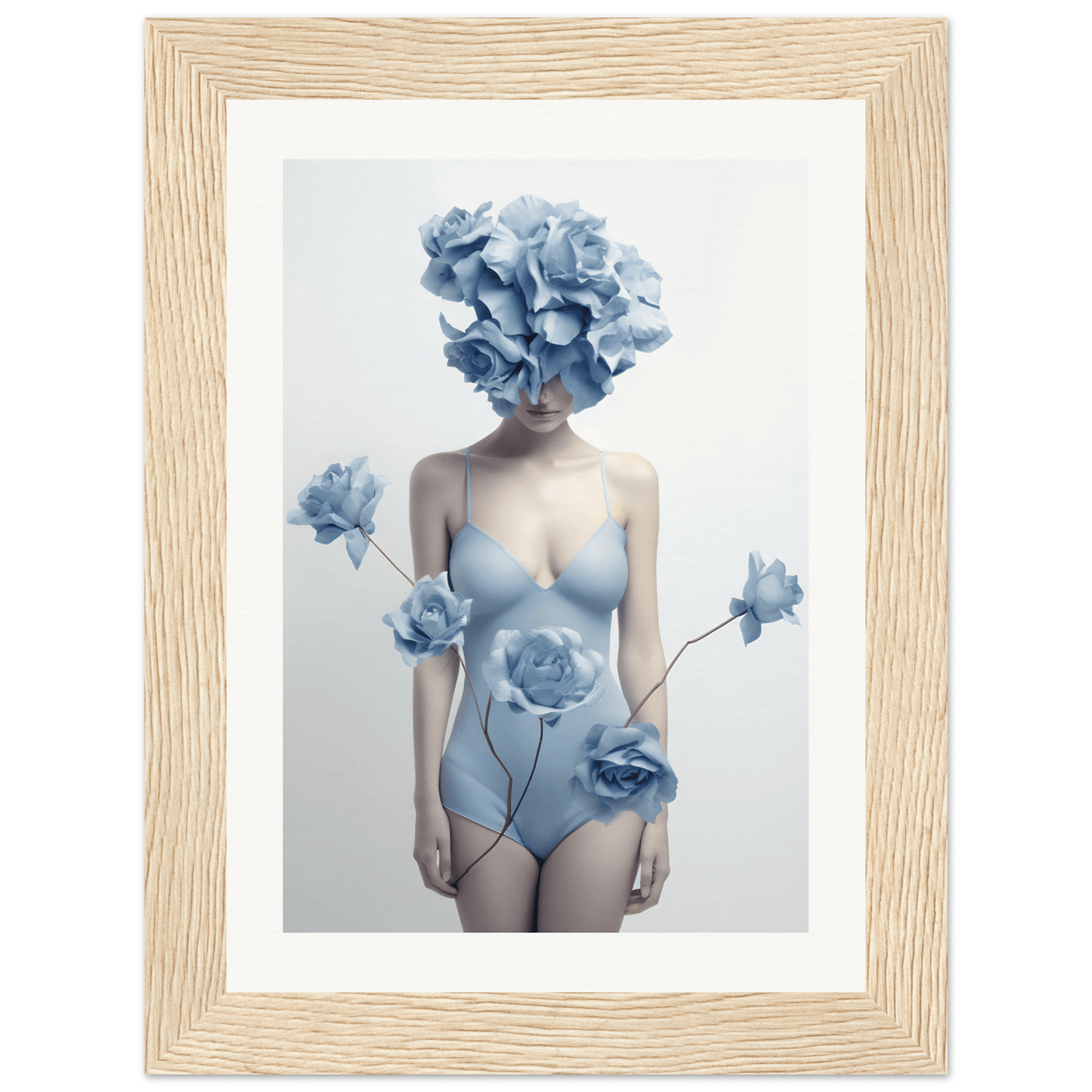 Surreal artwork depicting a figure with blue flowers for a head and body in a pale blue bodysuit.