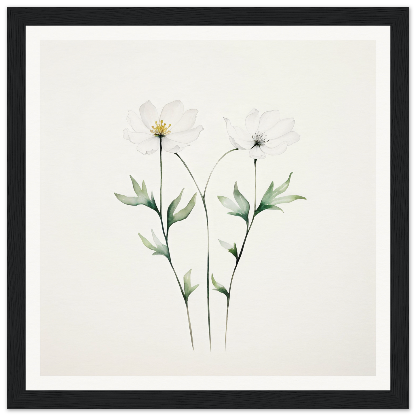 Delicate watercolor painting of two wildflowers with slender stems and leaves.