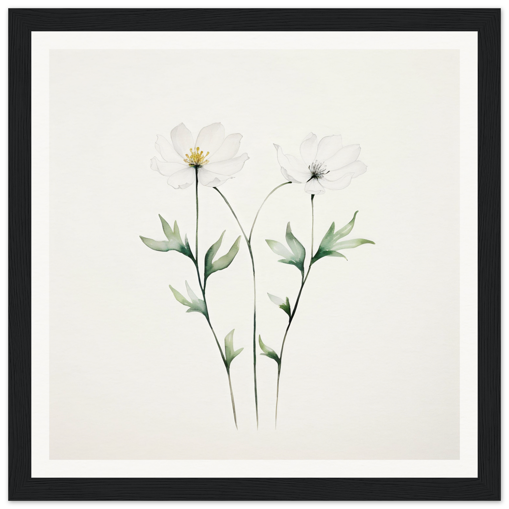 Delicate watercolor painting of two wildflowers with slender stems and leaves.